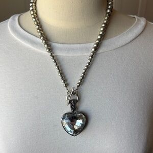 Silver-Tone Beaded Necklace with Heart Crystal Pendant